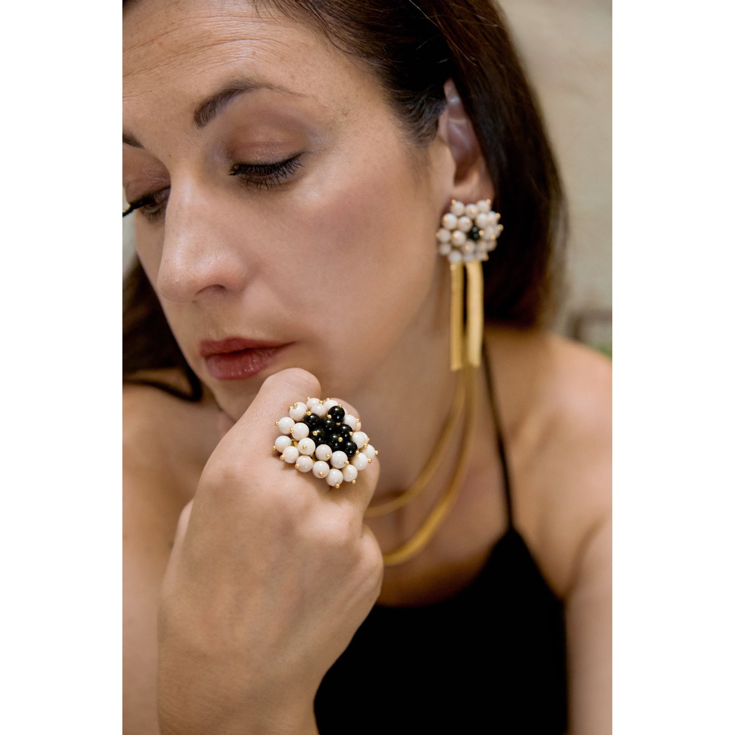 Anillo Jackie XL dorado mate ágatas multicolor o Blanco y negro