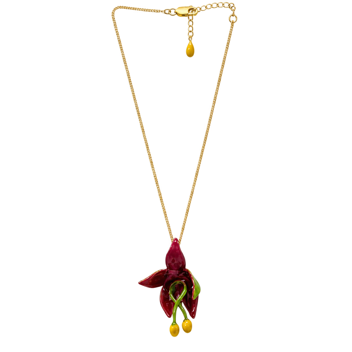 Collar corto Lily de Ginger & Velvet, flor de lirio granate esmaltada a mano sobre cadena con baño de oro de 24 quilates