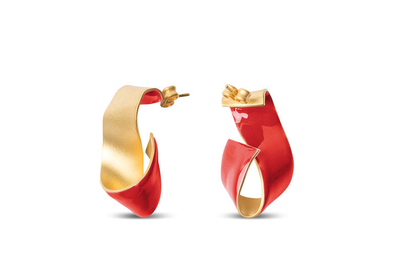 Small W earrings 24ct gold plated, hand enamel option Red or Green